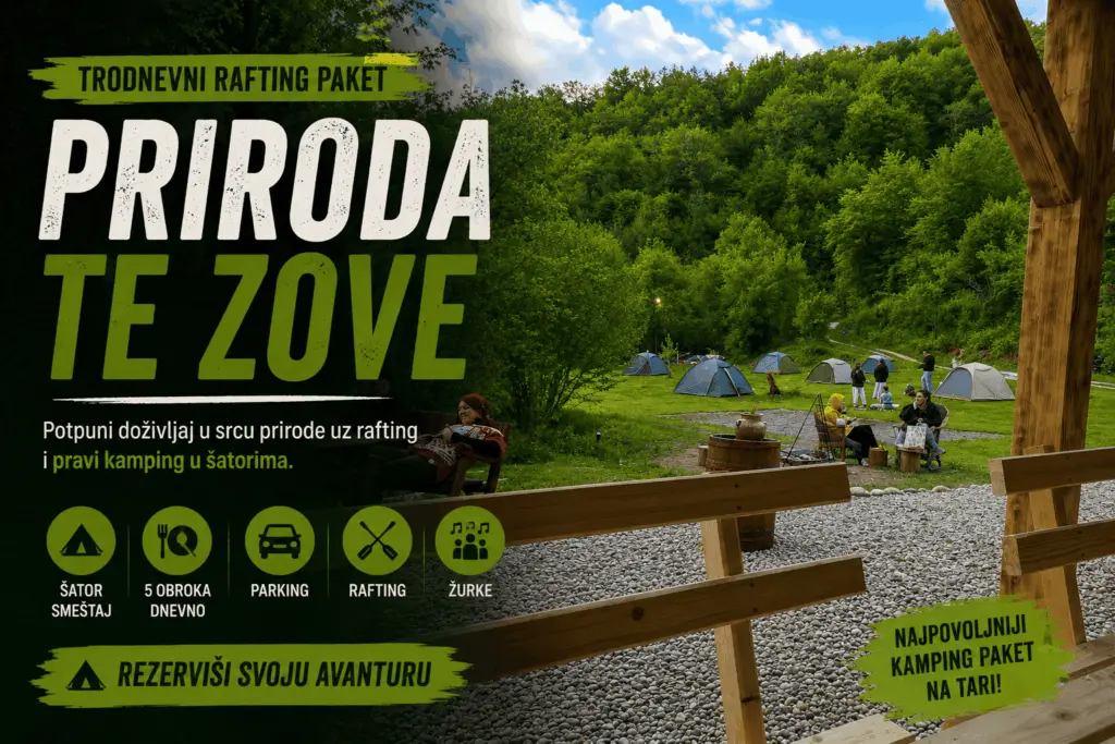 Kamping rafting paket na Tari sa šator smeštajem, raftingom i prirodom u Adrenaline Camp Tara