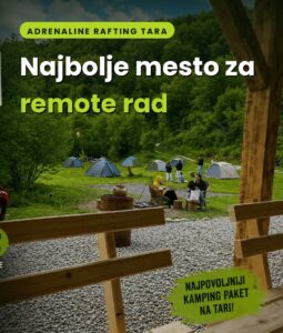 Kamp na Tari sa šatorima na livadi i gostima pored kamp vatre, okružen šumom – mesto za remote rad u prirodi u Adrenaline Rafting Tara
