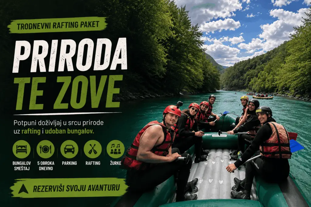 Trodnevni rafting paket na Tari sa bungalov smeštajem, rafting avanturom i prirodom u Adrenaline Camp Tara
